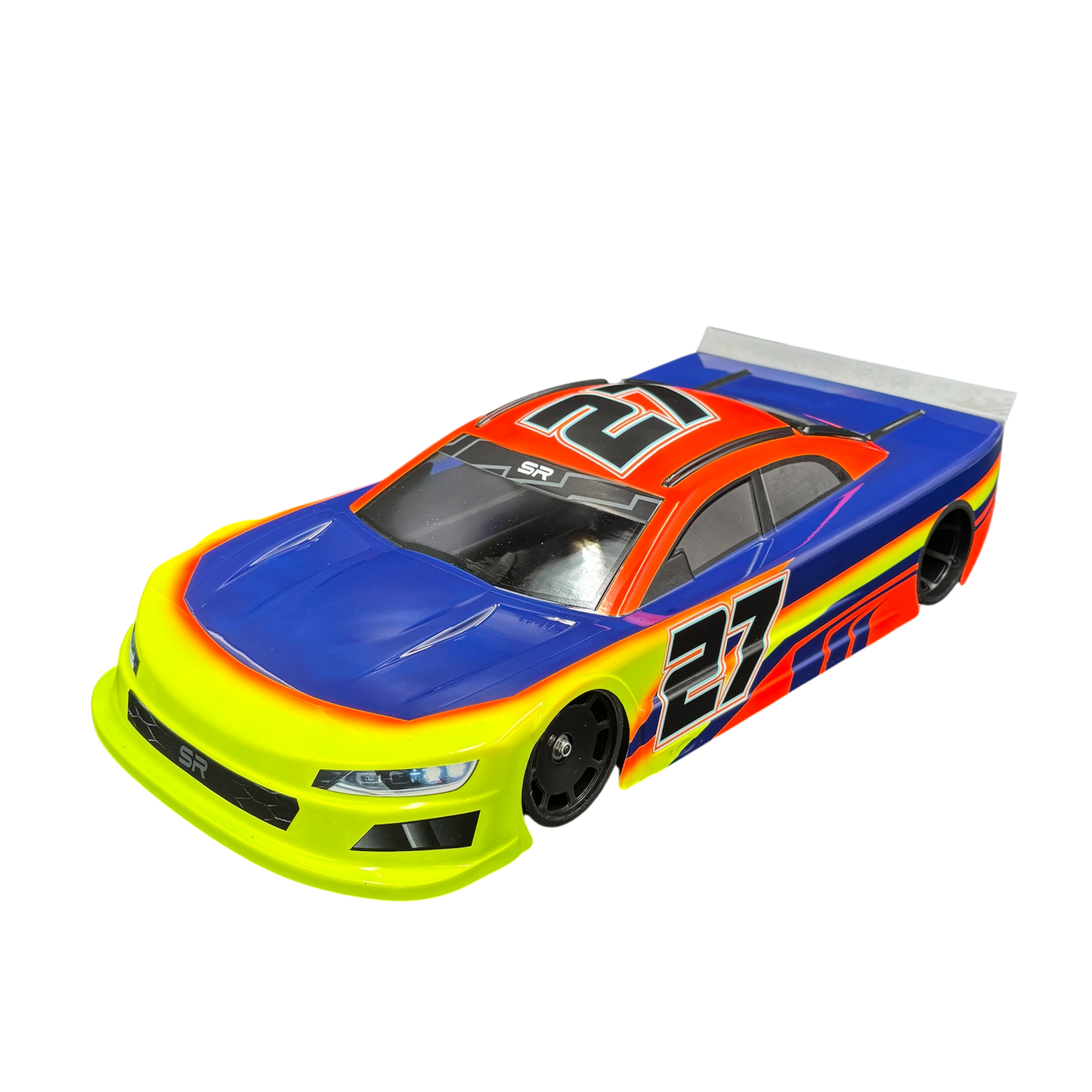 The SR-27 SuperMero 1/10th oval car body is designed for stock class racing.  Includes decal sheet, and window masks. TOUR approved. Made in USA.