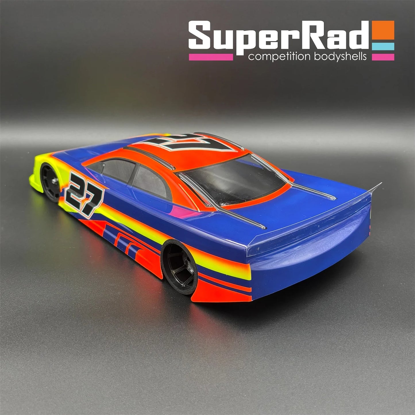 The SR-27 SuperMero 1/10th oval car body is designed for stock class racing.  Includes decal sheet, and window masks. TOUR approved. Made in USA.