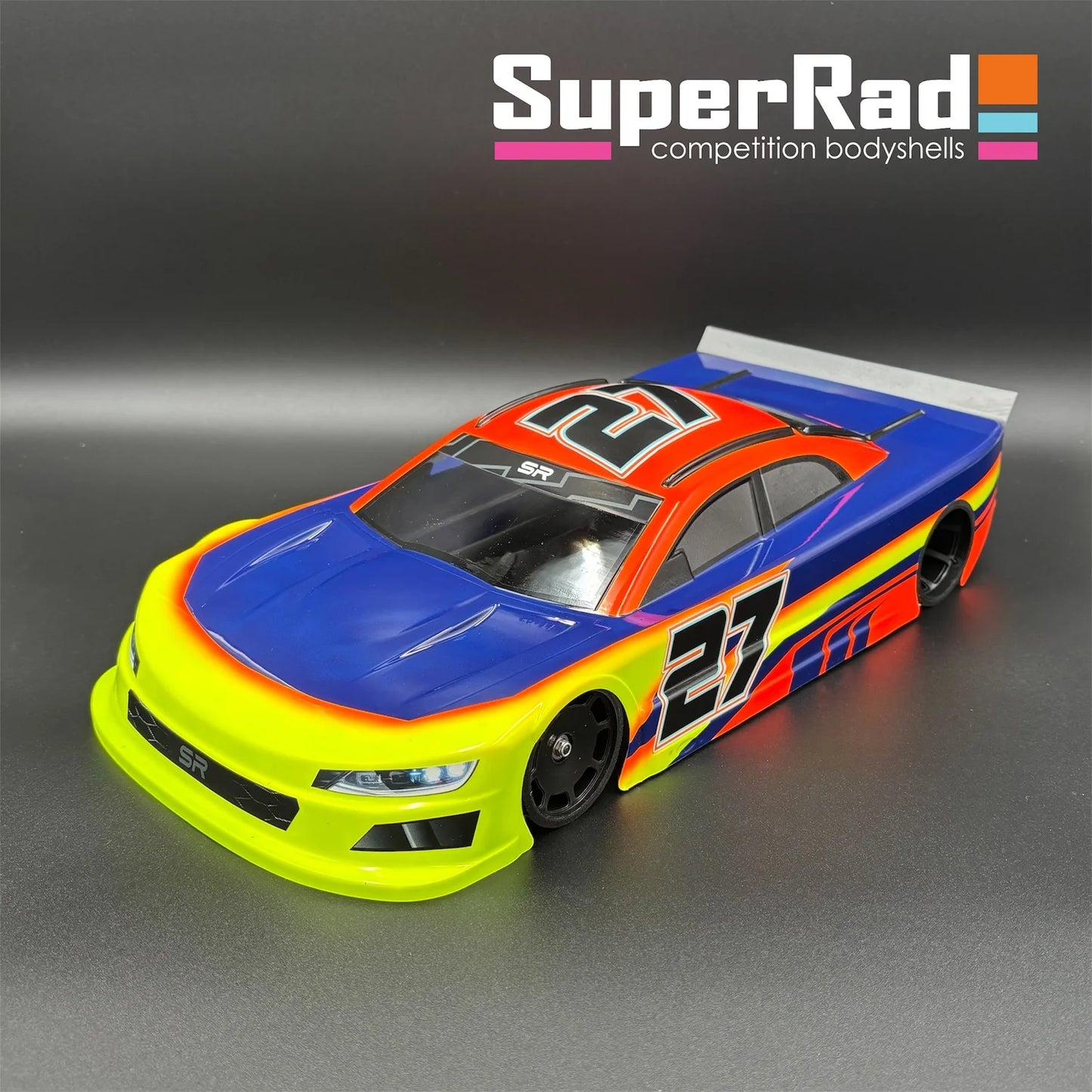 The SR-27 SuperMero 1/10th oval car body is designed for stock class racing.  Includes decal sheet, and window masks. TOUR approved. Made in USA.